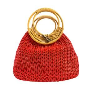 Coldwater Creek Red Woven Straw Tote Bag Bamboo Handles Summer Boho